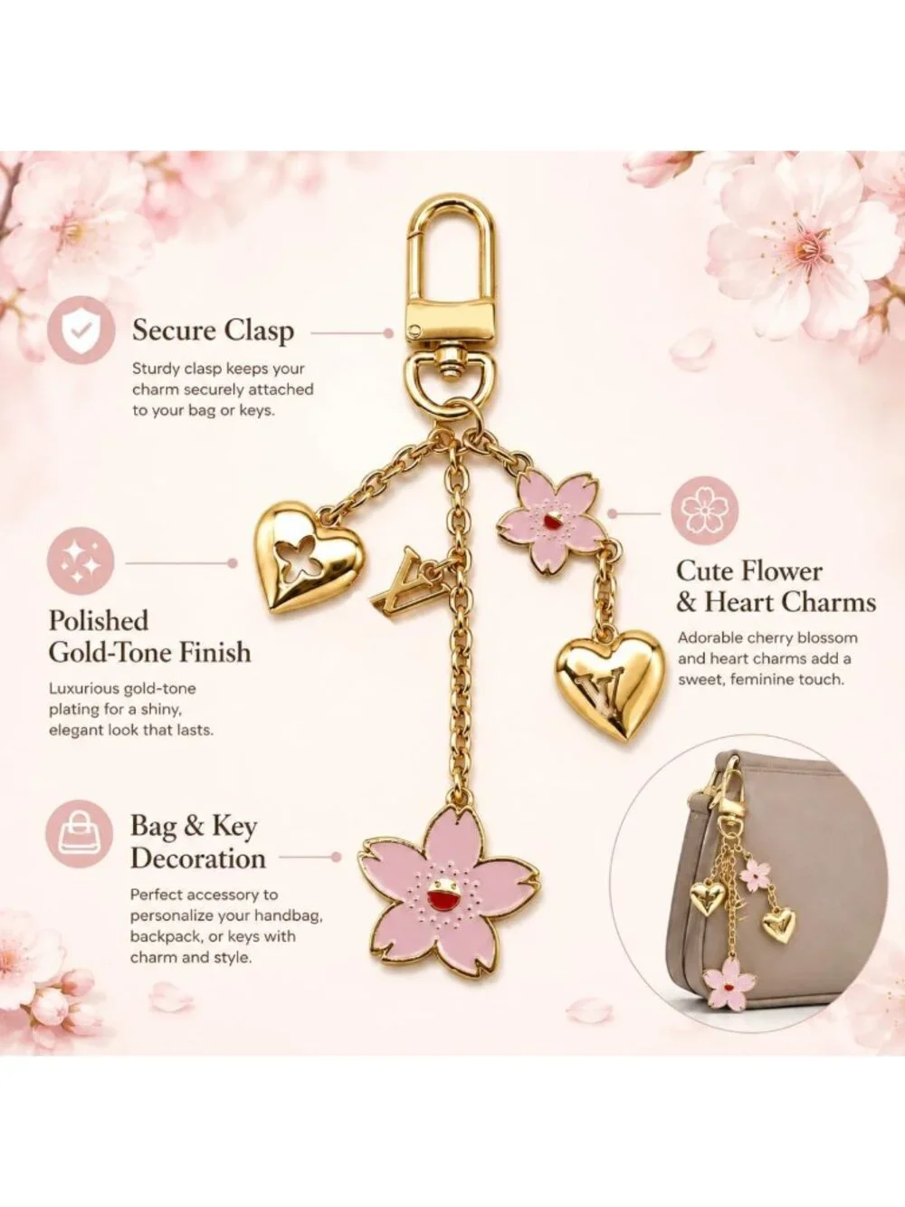 Cute Cherry Blossom Keychain Charm | Flower & Heart Bag Accessory with Swivel